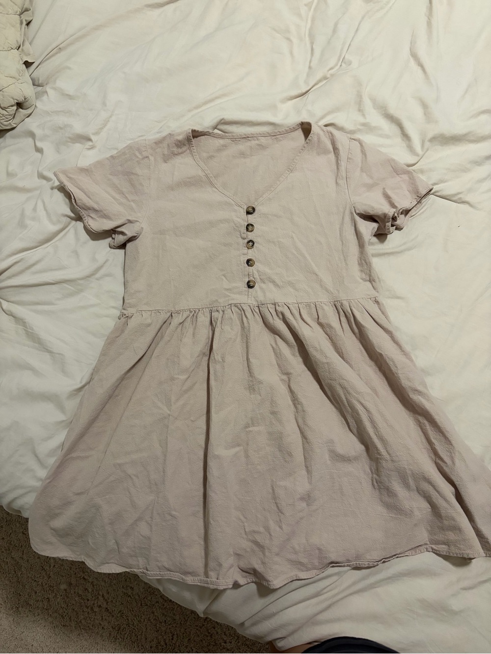 Tan Short-Sleeve Babydoll Dress with Button Front